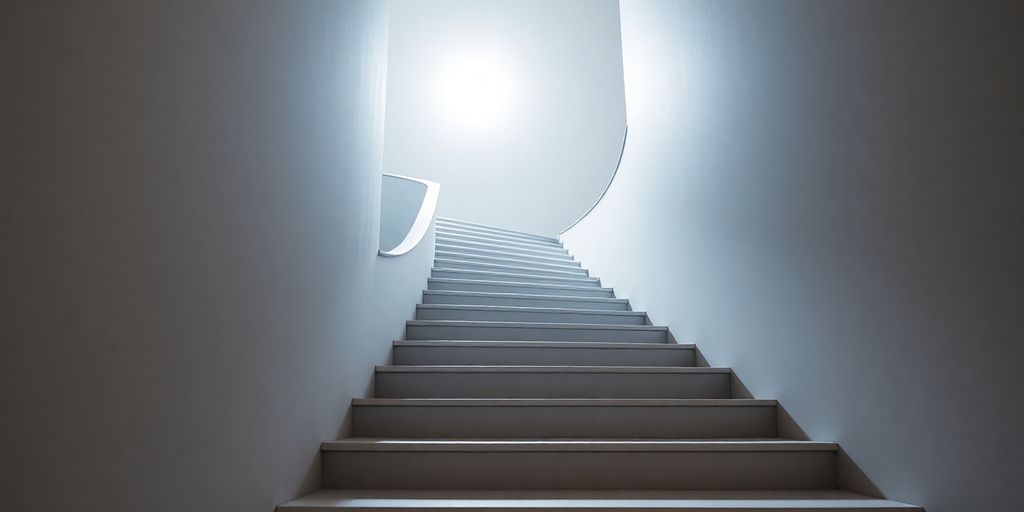 Staircase leading upwards towards a bright light.