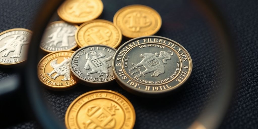 Magnifying glass over antique gold coins.