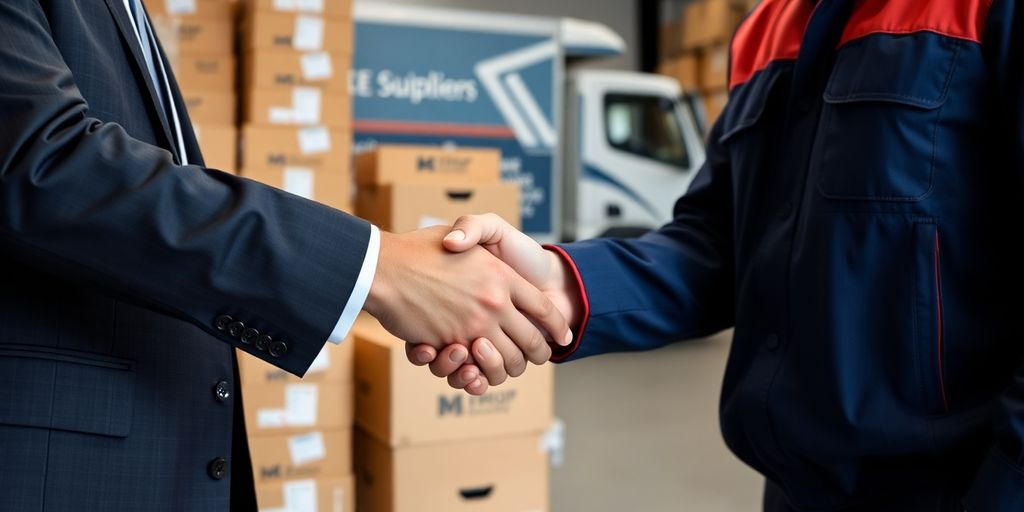 Two people shaking hands over a contract.