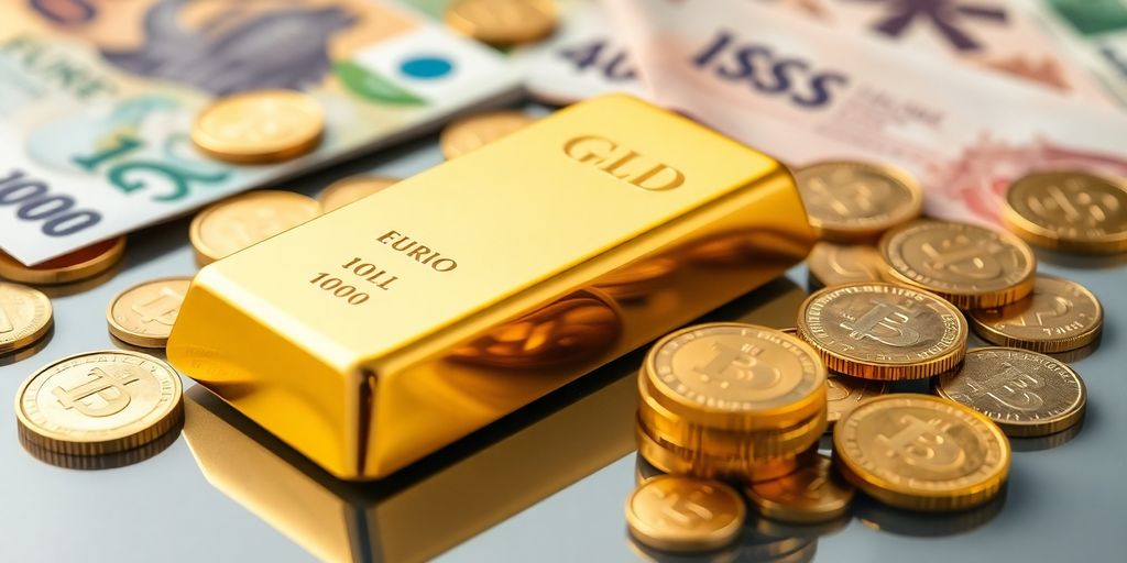 Un lingot d'or avec des pièces et des billets.