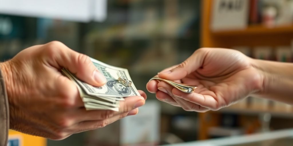 Mains échangeant de l'argent et un objet