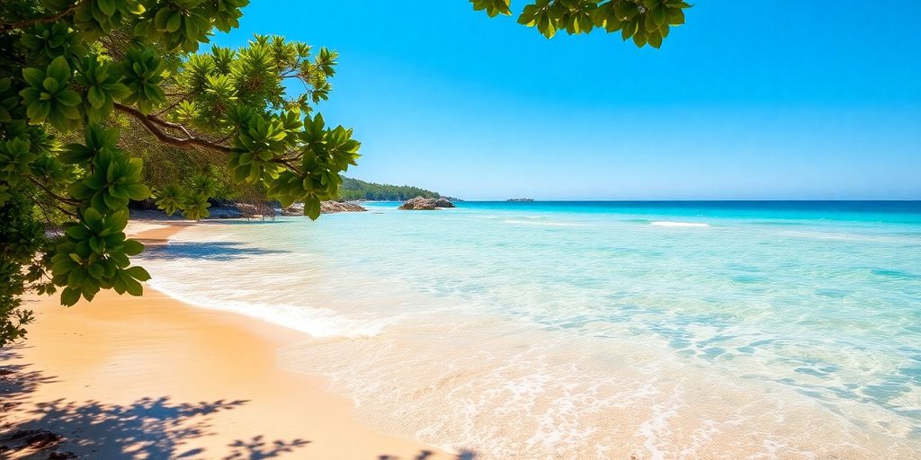 Cyprus coastline with bright blue water and sandy beach.
