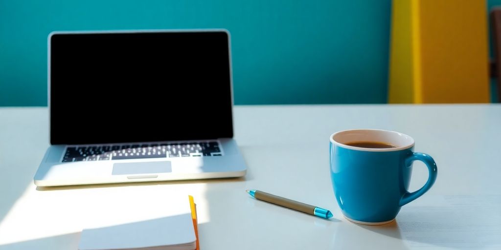 Bright workspace with laptop, notepad, and coffee.
