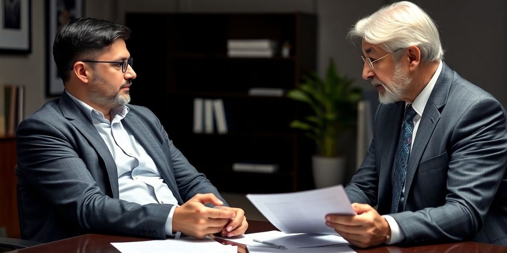 Lawyer consulting with a catastrophic injury victim in office.
