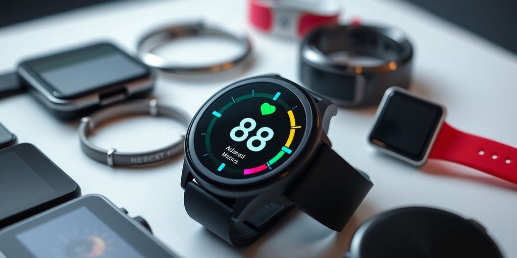 Futuristic wearable technology including smartwatches and fitness trackers.