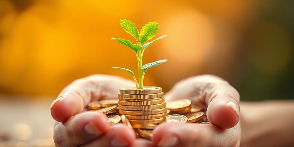 Seedling growing in coins, hands nurturing it.