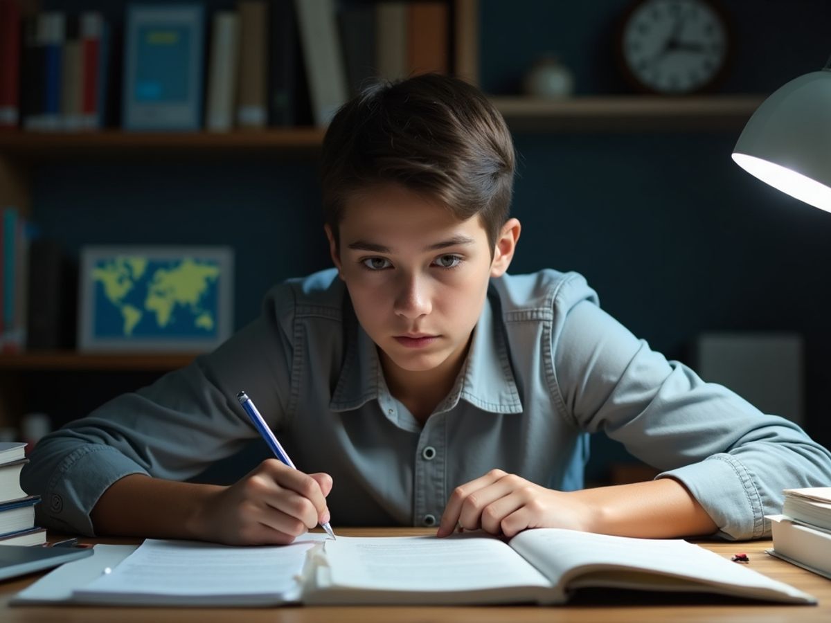 Student studying for the SAT with books and laptop.