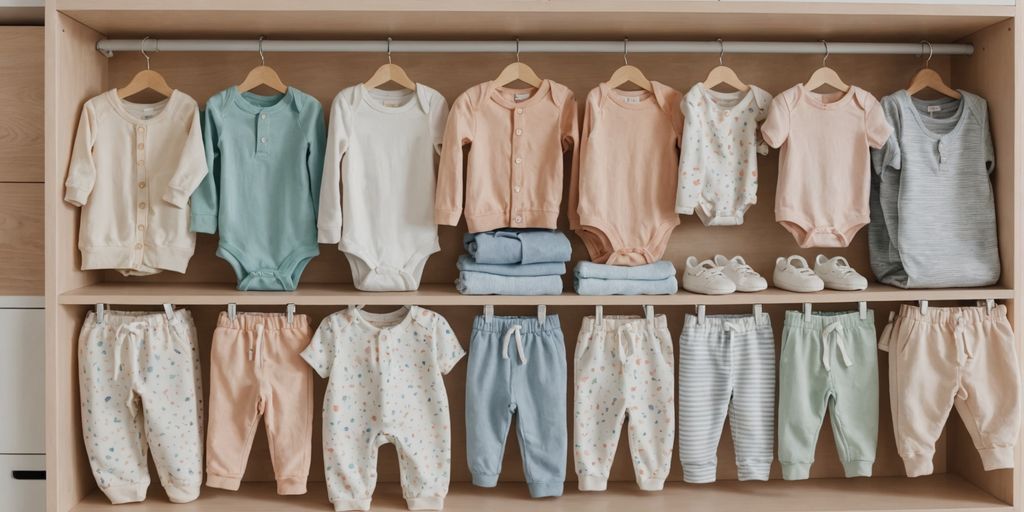Baby capsule wardrobe with neutral and pastel clothes.