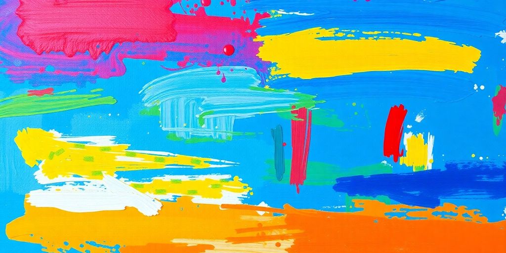 Colorful abstract painting on canvas with dynamic brush strokes.