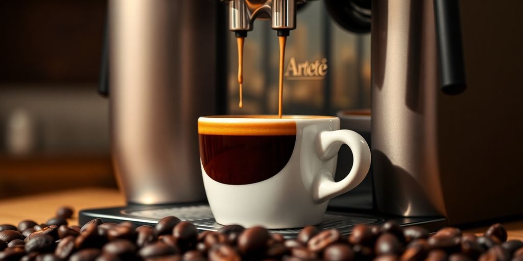 Sleek Ariete espresso machine, steam, coffee beans.
