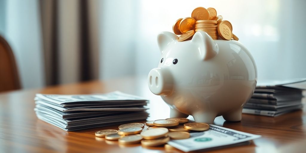 Piggy bank, coins, dollar bills on a table.