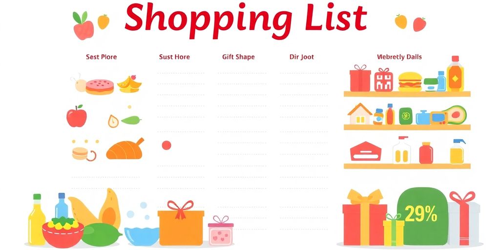 Einkaufsliste mit bunten Kategorien und Symbolen für Anlässe.