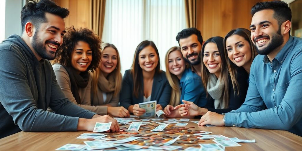 Family discussing finances with colourful coins and bills.
