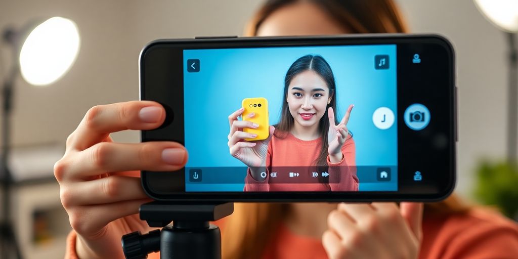 Femeie zâmbitoare ținând gadget colorat pe smartphone montat pe trepied.