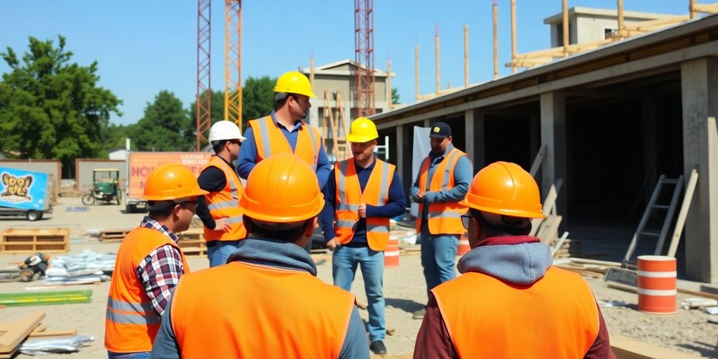 Construction workers collaborating on a busy site.