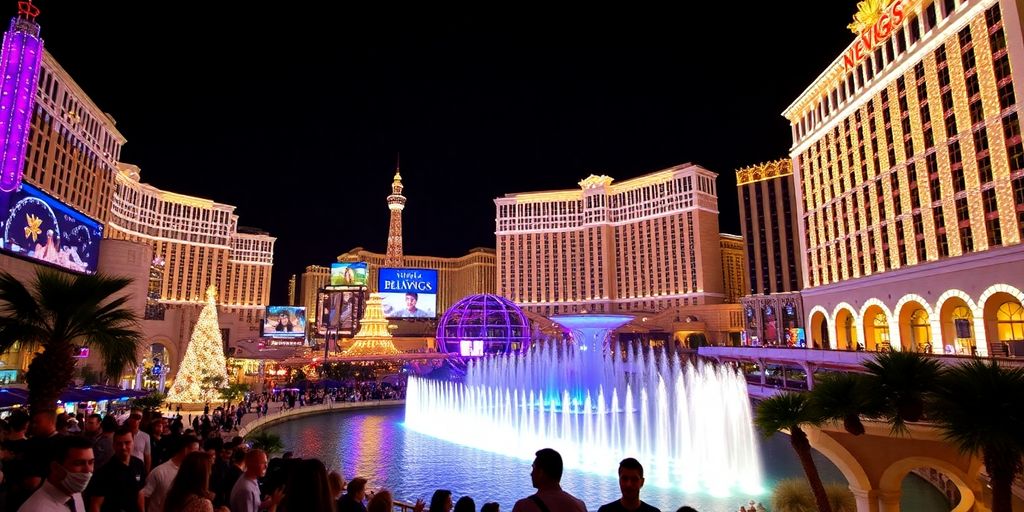 Las Vegas nightlife with bright lights and iconic attractions.