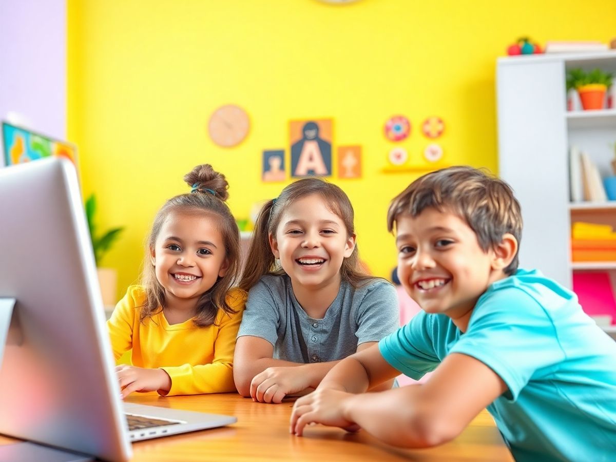 Copii fericiți participând la un eveniment de învățare online.