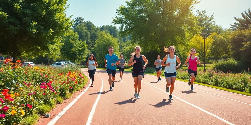 Joggers on a sunny outdoor track surrounded by greenery.