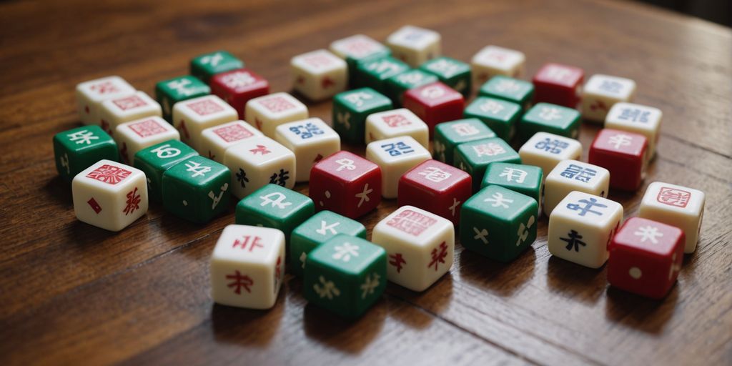 Mahjong tiles with dragon symbols on a wooden table.
