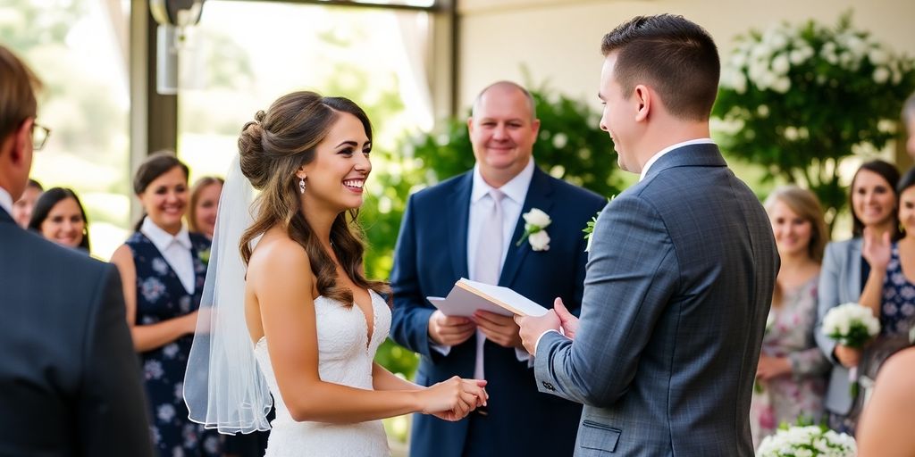 Dallas wedding ceremony with happy couple and guests.
