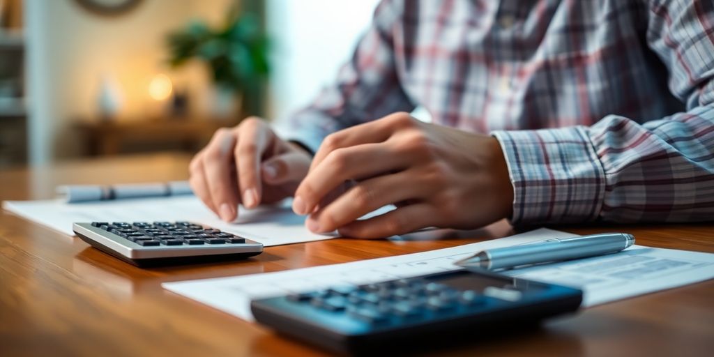 Homebuyer reviewing mortgage documents at a table.