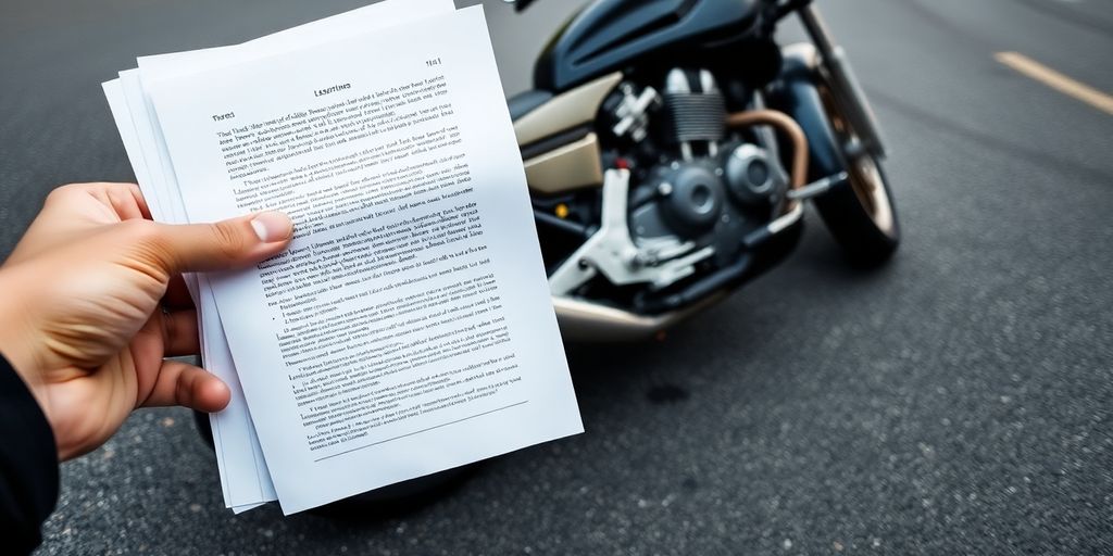 Motorcycle accident scene with legal documents.