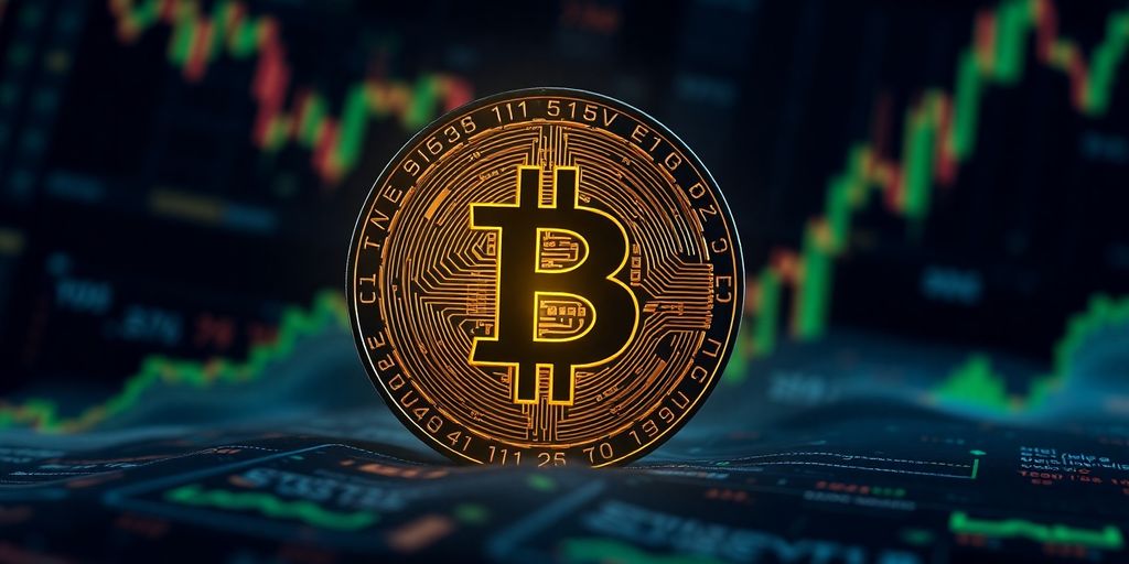 Digital coin with circuitry against abstract financial background.