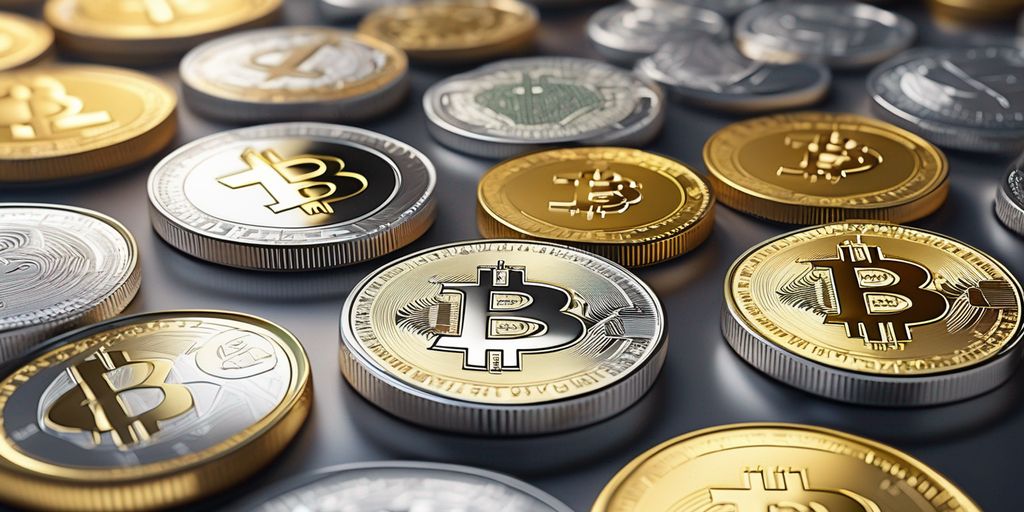 gold and silver coins with digital currency symbols in a financial market background
