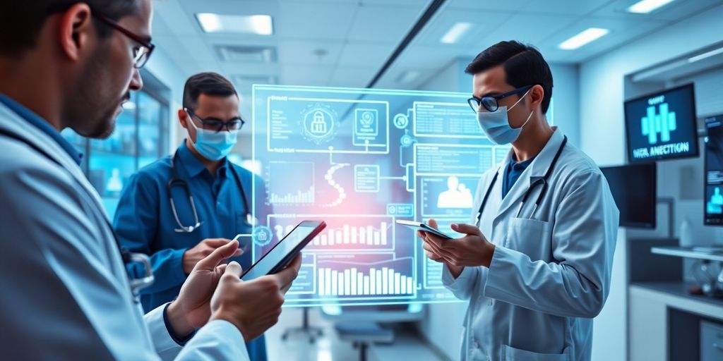 Futuristic healthcare professionals analyzing data with digital devices.