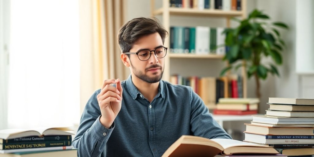 Person practicing financial pronunciation with books and audio resources.