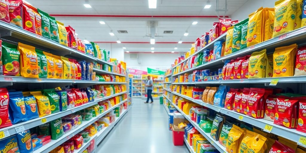 Many colorful product packages arranged neatly on shelves.