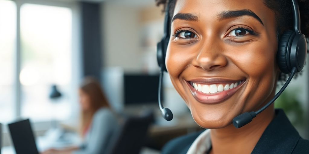 Person smiling, wearing a headset, working remotely.