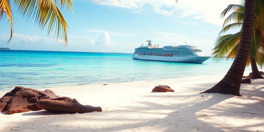 Plage tropicale avec un navire de croisière en arrière-plan.