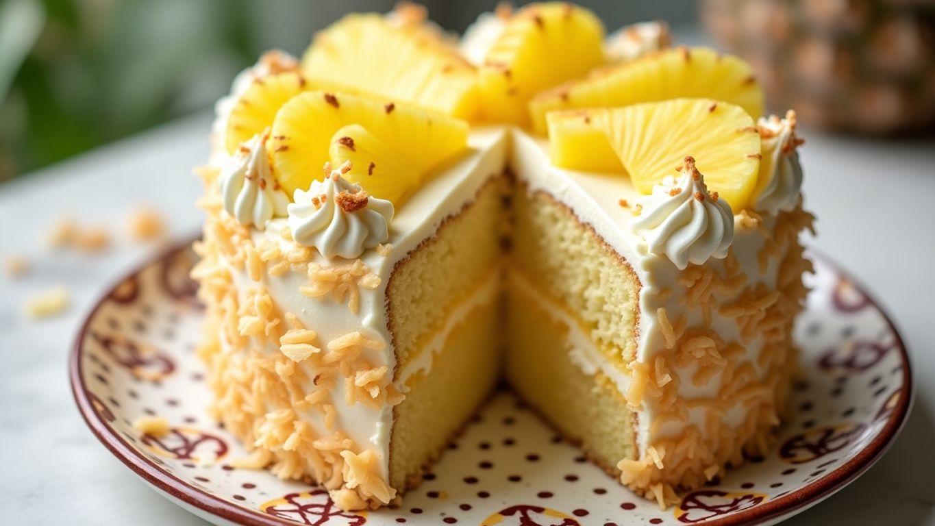 Bolo gelado de abacaxi e coco decorado com frutas.