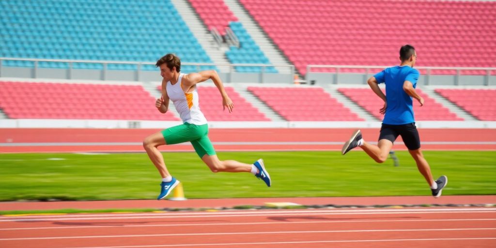 Two runners on a race track demonstrating back and front running.