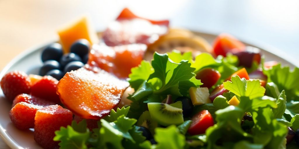 AIP breakfast with fruit, bacon, and greens.