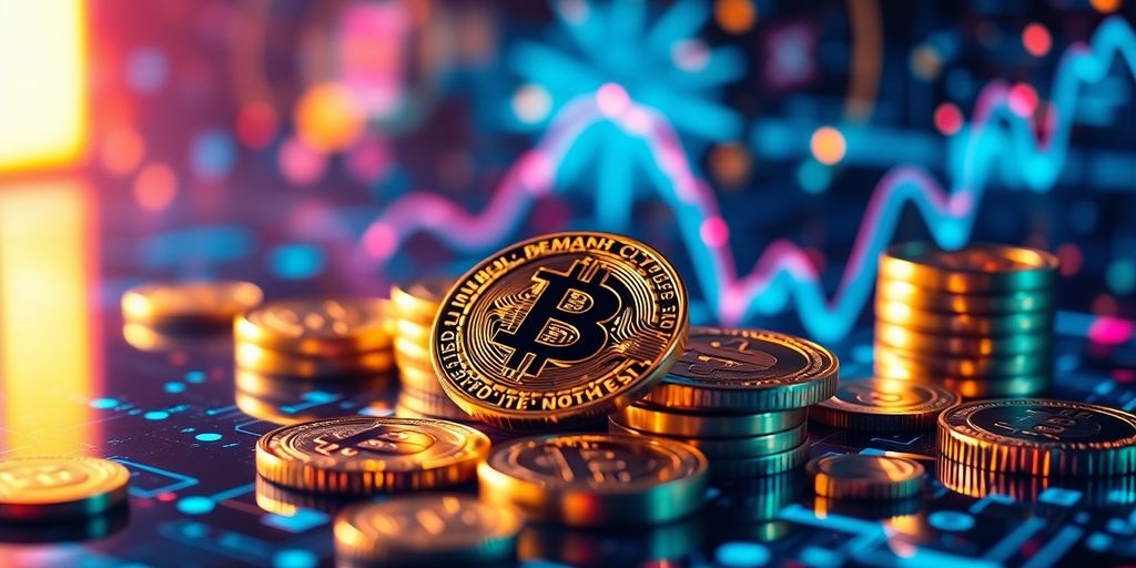 Farbige digitale Währungselemente vor einem technischen Hintergrund.