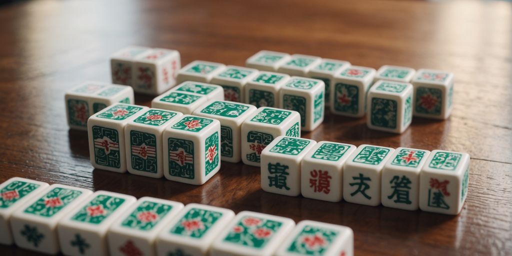 Mahjong tiles from Die Rise on a wooden table.