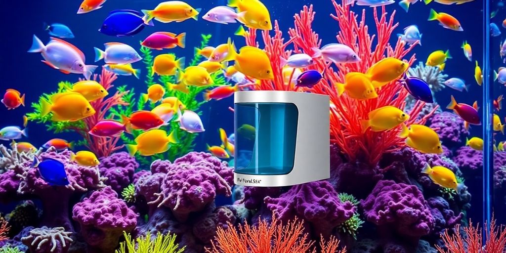 Peces de agua salada coloridos en un acuario con un skimmer.