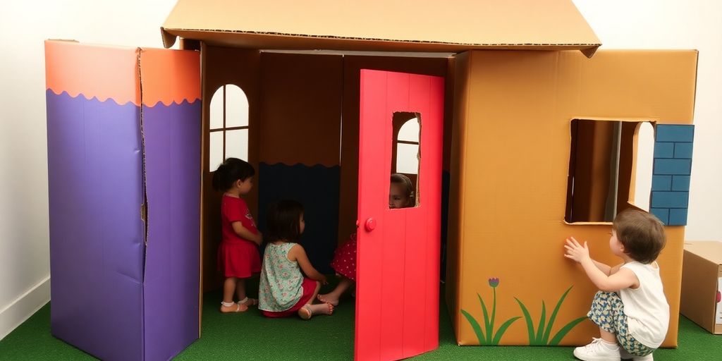 Children playing in a handmade cardboard playhouse.