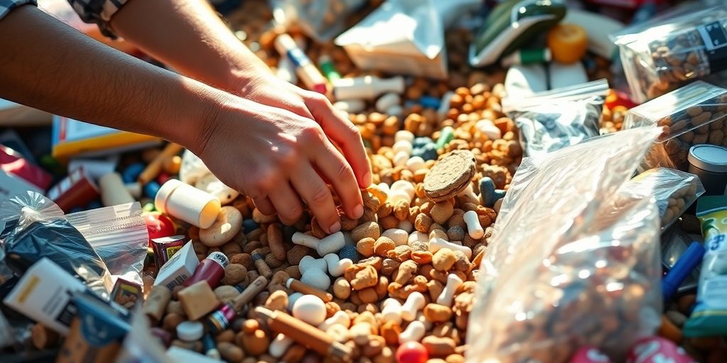 Hands sorting diverse physical products for affiliate marketing.