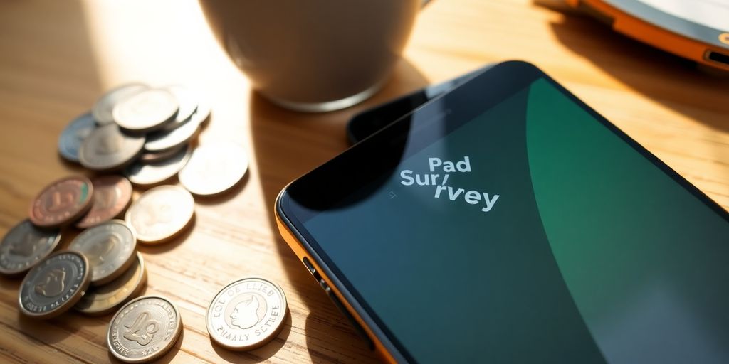 Smartphone with survey app and Australian coins on table.