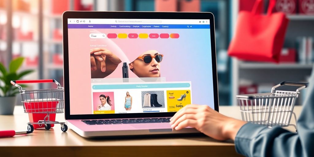 Scène d'achat en ligne avec ordinateur et produits.