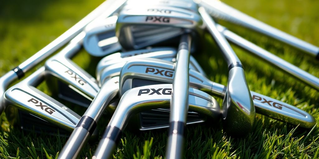 PXG golf irons arranged neatly on a golf course.