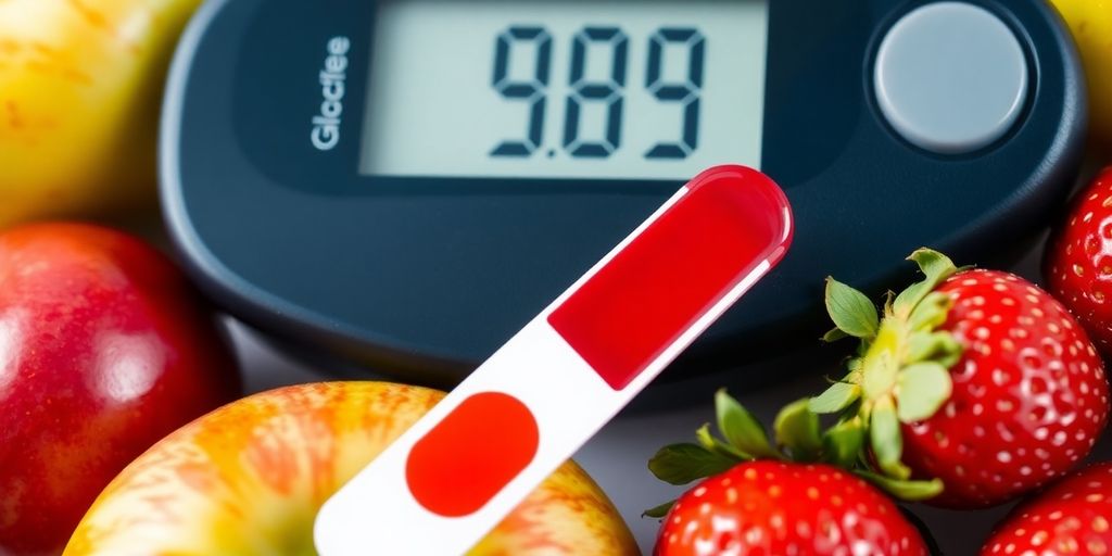 Glucose meter with blood sample and fresh fruits nearby.
