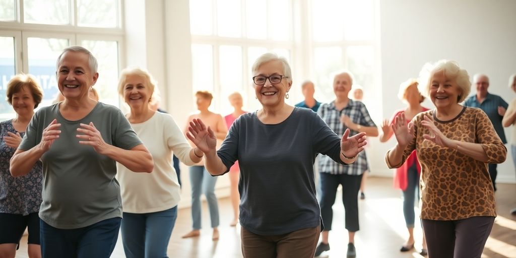 Happy seniors dancing and laughing at a community center.