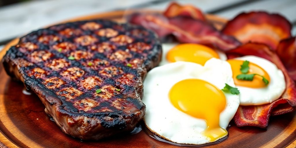 Grilled steak, eggs, and bacon on a plate.