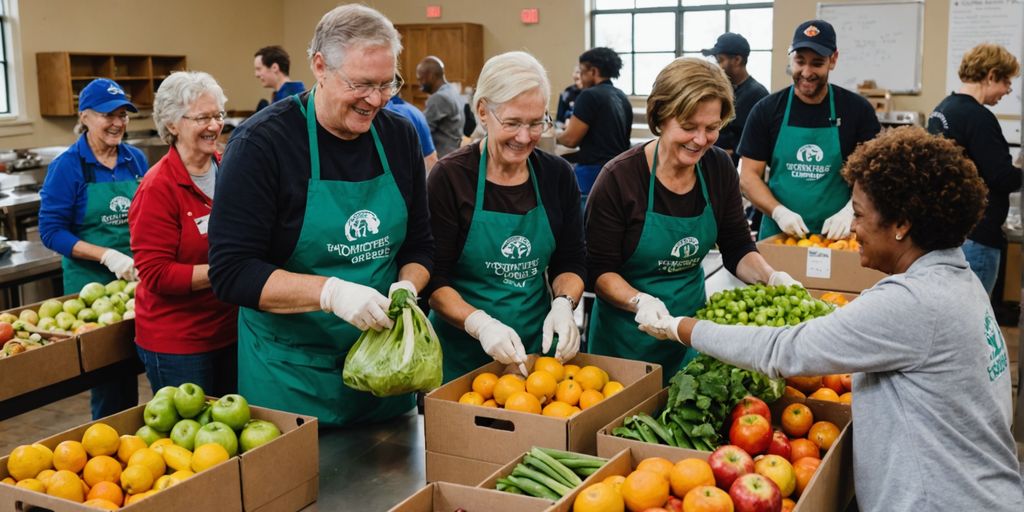 Volunteers packing fresh fruits and vegetables.
