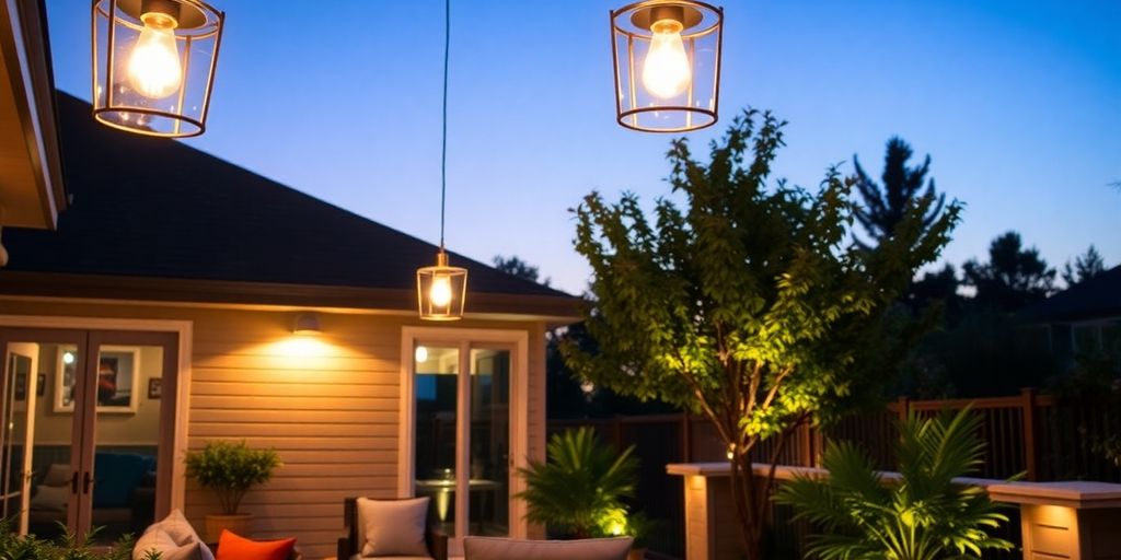 Stylish outdoor pendant lights illuminating a patio.