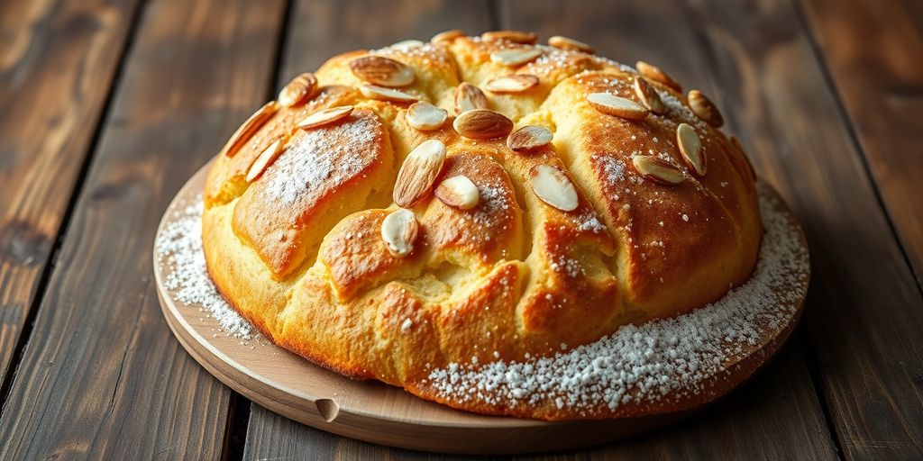 Freshly baked almond tea bread on a wooden table.